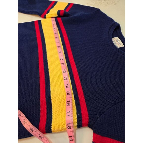 Vintage 80s Jersild Knit Crewneck Sweater Size 38 Navy Red Yellow Stripes Preppy - Picture 5 of 7